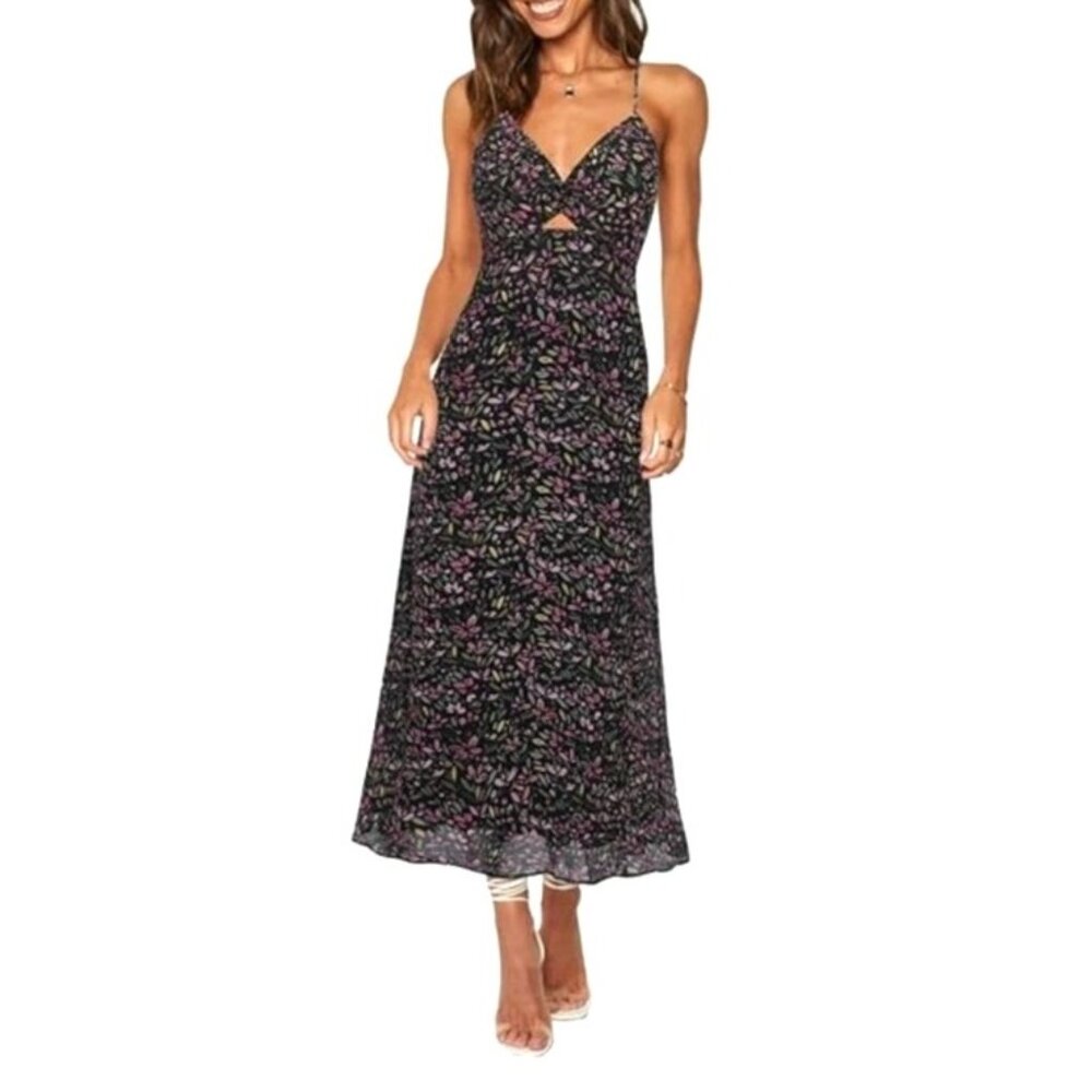 Zaful Womens Black Floral Maxi Dress Twist Front V-Neck Backless Size XL Sexy